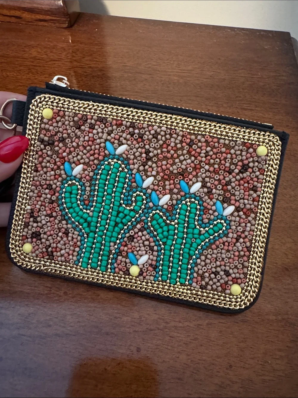 Beaded Cactus Wristlet Pouch in Green and Brown